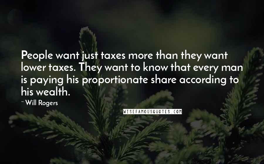 Will Rogers Quotes: People want just taxes more than they want lower taxes. They want to know that every man is paying his proportionate share according to his wealth.