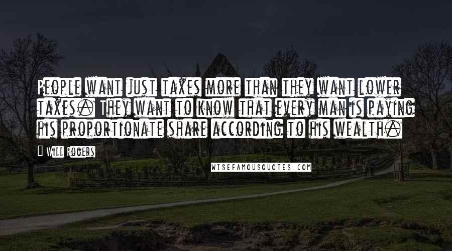 Will Rogers Quotes: People want just taxes more than they want lower taxes. They want to know that every man is paying his proportionate share according to his wealth.