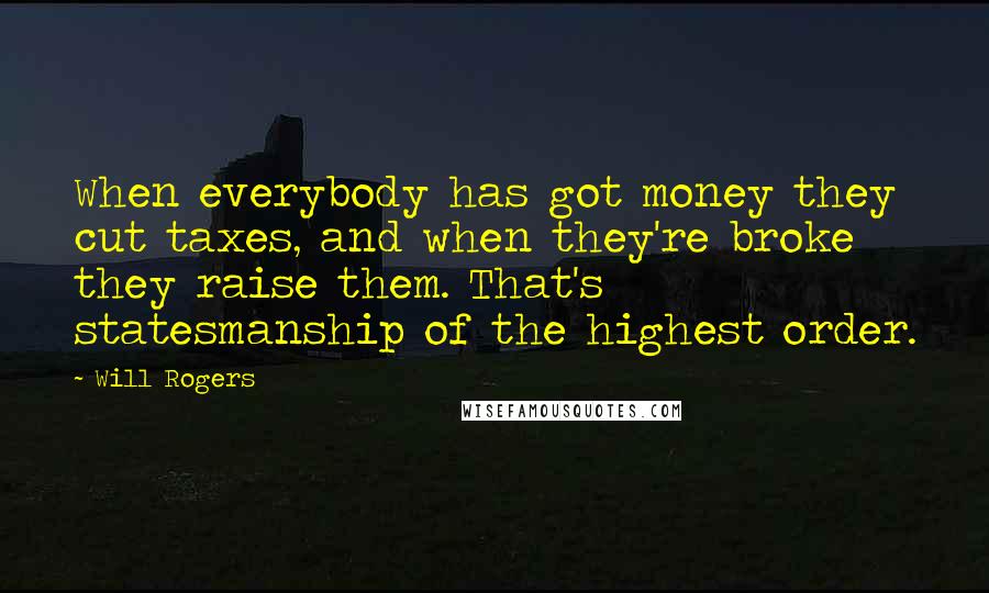 Will Rogers Quotes: When everybody has got money they cut taxes, and when they're broke they raise them. That's statesmanship of the highest order.