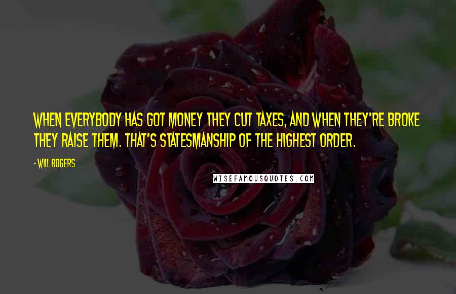 Will Rogers Quotes: When everybody has got money they cut taxes, and when they're broke they raise them. That's statesmanship of the highest order.