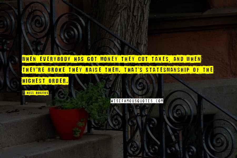 Will Rogers Quotes: When everybody has got money they cut taxes, and when they're broke they raise them. That's statesmanship of the highest order.