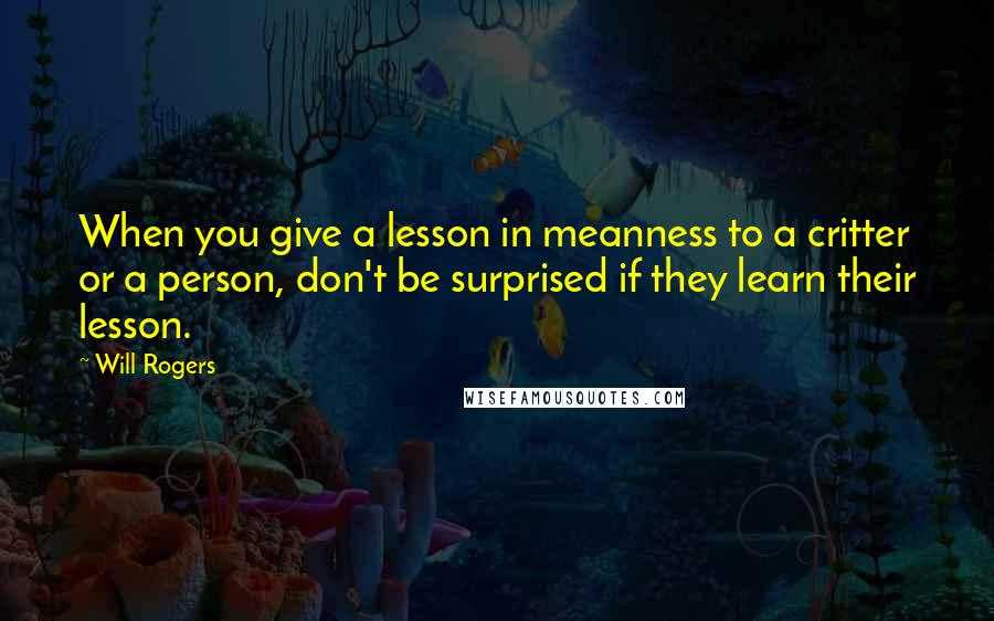 Will Rogers Quotes: When you give a lesson in meanness to a critter or a person, don't be surprised if they learn their lesson.