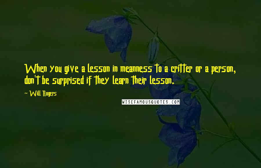 Will Rogers Quotes: When you give a lesson in meanness to a critter or a person, don't be surprised if they learn their lesson.