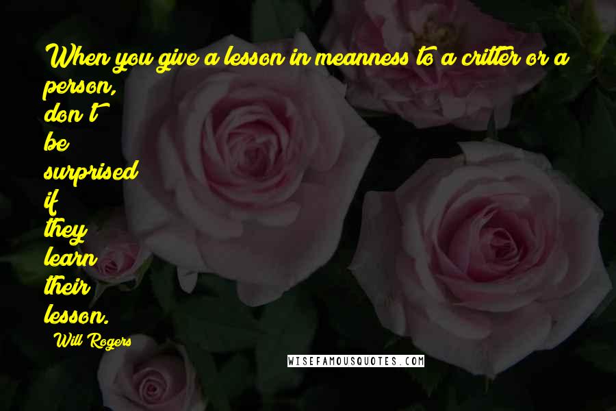 Will Rogers Quotes: When you give a lesson in meanness to a critter or a person, don't be surprised if they learn their lesson.