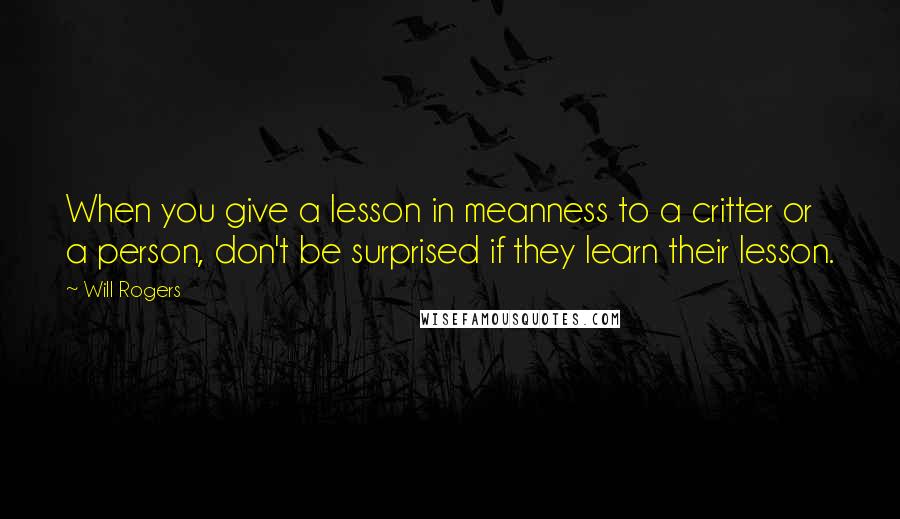 Will Rogers Quotes: When you give a lesson in meanness to a critter or a person, don't be surprised if they learn their lesson.