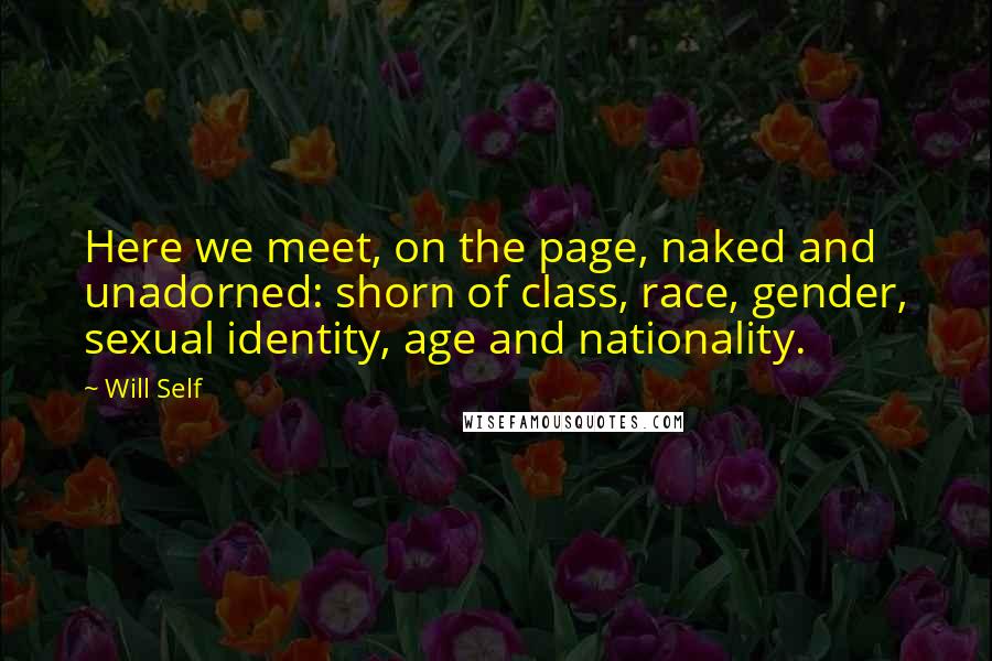 Will Self Quotes: Here we meet, on the page, naked and unadorned: shorn of class, race, gender, sexual identity, age and nationality.