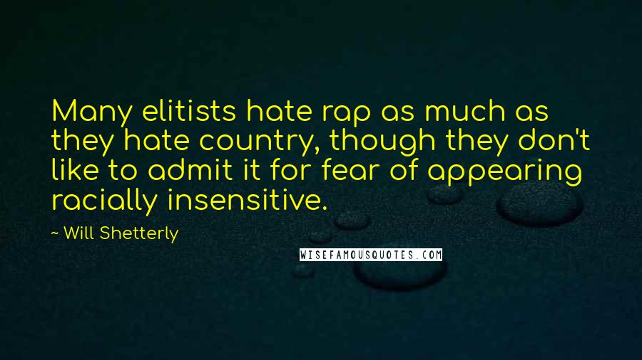 Will Shetterly Quotes: Many elitists hate rap as much as they hate country, though they don't like to admit it for fear of appearing racially insensitive.