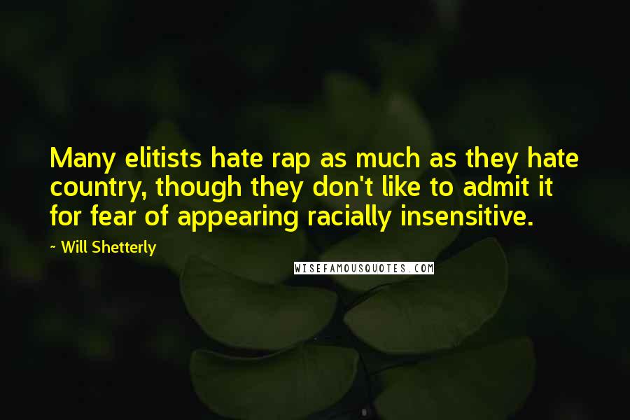 Will Shetterly Quotes: Many elitists hate rap as much as they hate country, though they don't like to admit it for fear of appearing racially insensitive.