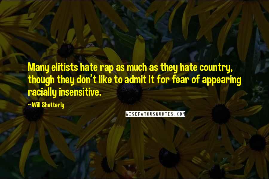 Will Shetterly Quotes: Many elitists hate rap as much as they hate country, though they don't like to admit it for fear of appearing racially insensitive.