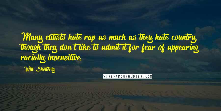 Will Shetterly Quotes: Many elitists hate rap as much as they hate country, though they don't like to admit it for fear of appearing racially insensitive.