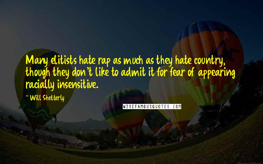 Will Shetterly Quotes: Many elitists hate rap as much as they hate country, though they don't like to admit it for fear of appearing racially insensitive.