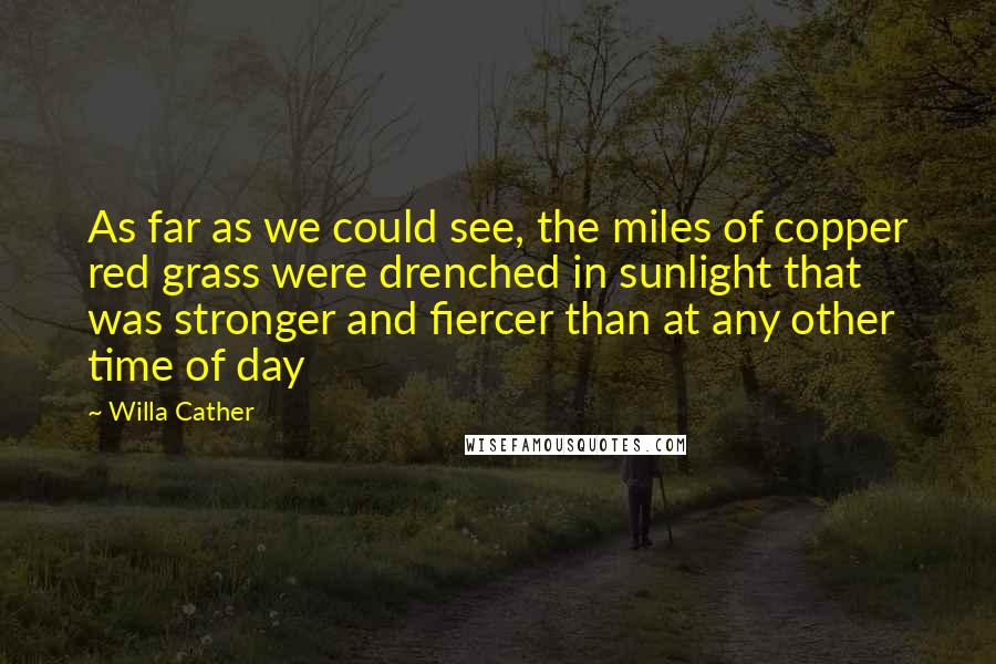 Willa Cather Quotes: As far as we could see, the miles of copper red grass were drenched in sunlight that was stronger and fiercer than at any other time of day