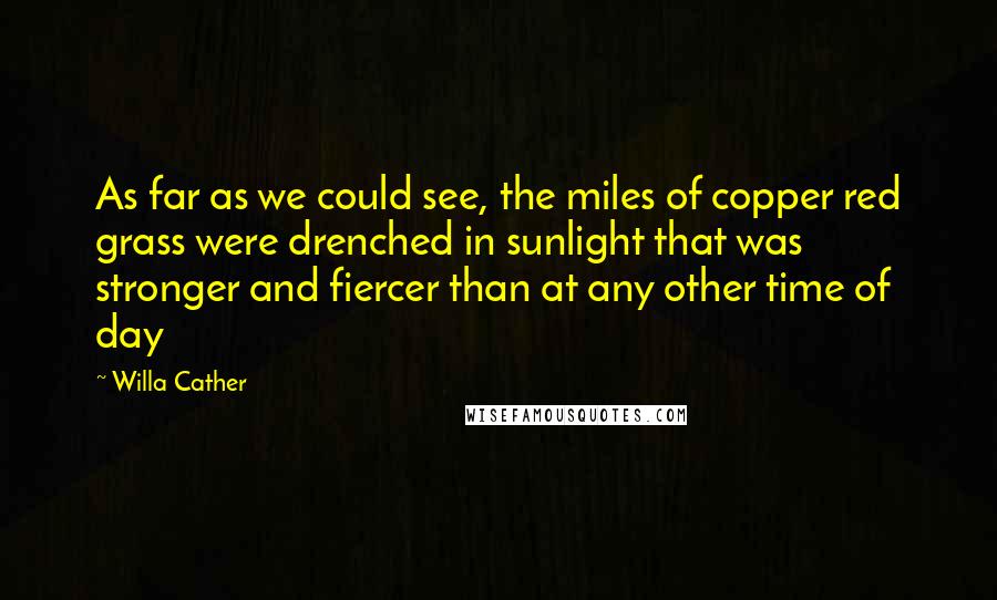 Willa Cather Quotes: As far as we could see, the miles of copper red grass were drenched in sunlight that was stronger and fiercer than at any other time of day