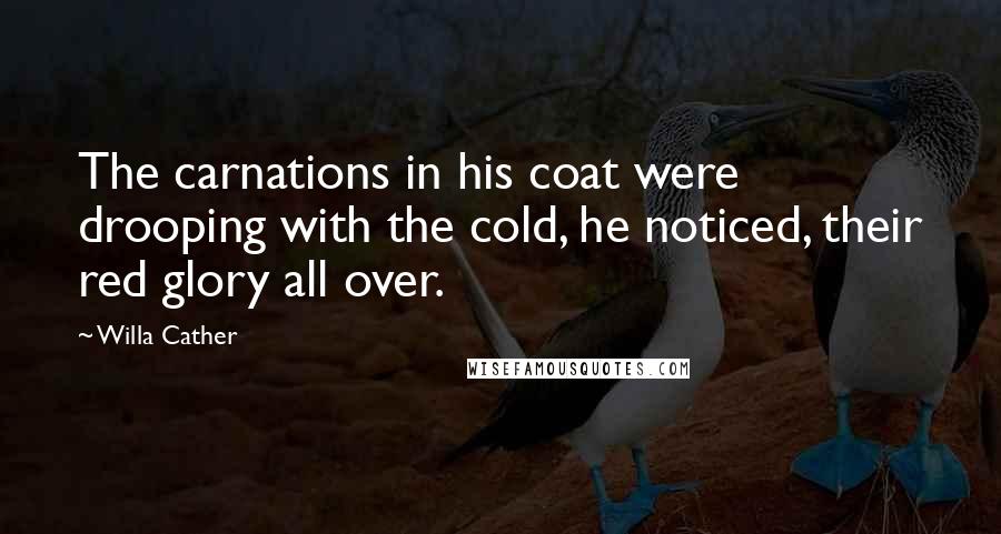 Willa Cather Quotes: The carnations in his coat were drooping with the cold, he noticed, their red glory all over.