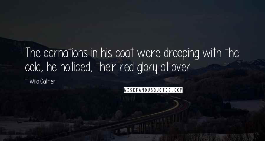 Willa Cather Quotes: The carnations in his coat were drooping with the cold, he noticed, their red glory all over.