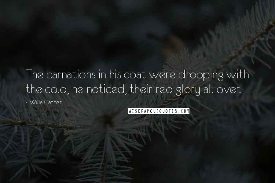 Willa Cather Quotes: The carnations in his coat were drooping with the cold, he noticed, their red glory all over.