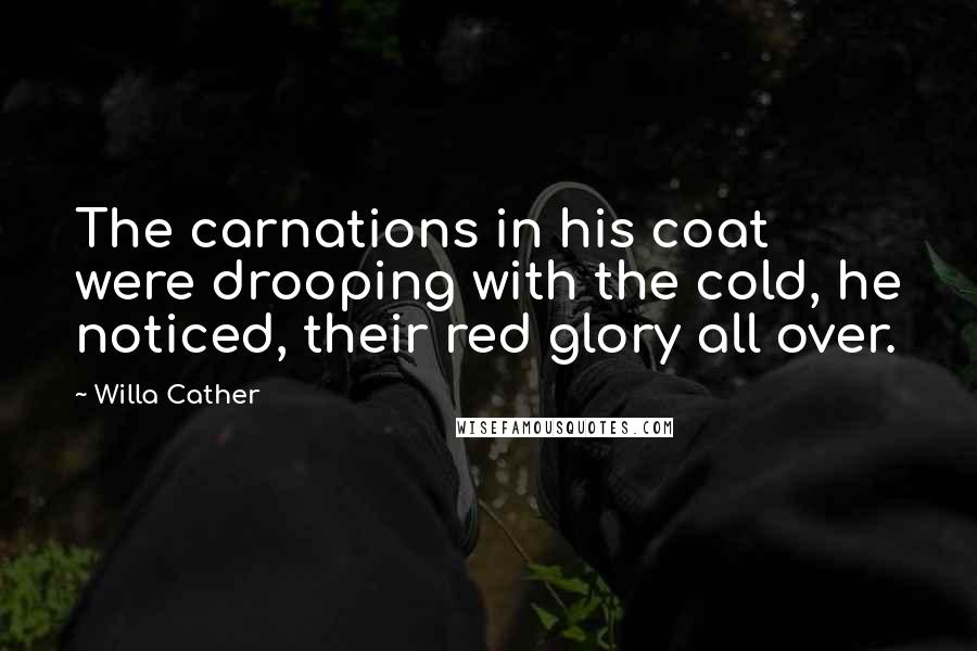 Willa Cather Quotes: The carnations in his coat were drooping with the cold, he noticed, their red glory all over.