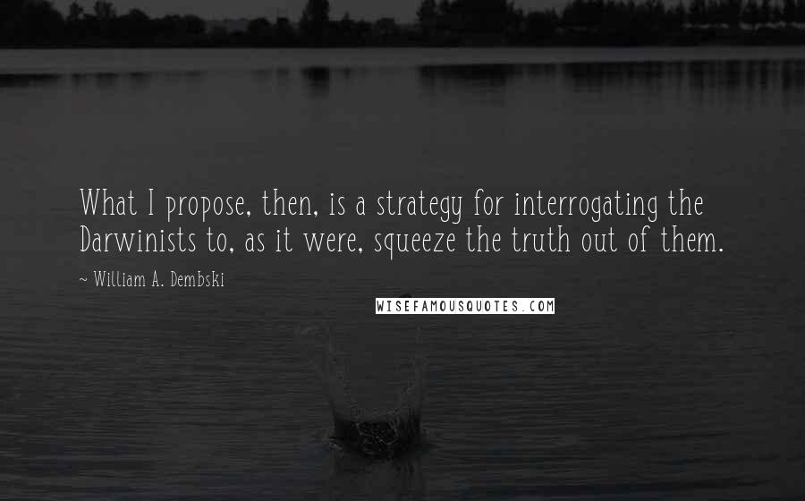 William A. Dembski Quotes: What I propose, then, is a strategy for interrogating the Darwinists to, as it were, squeeze the truth out of them.