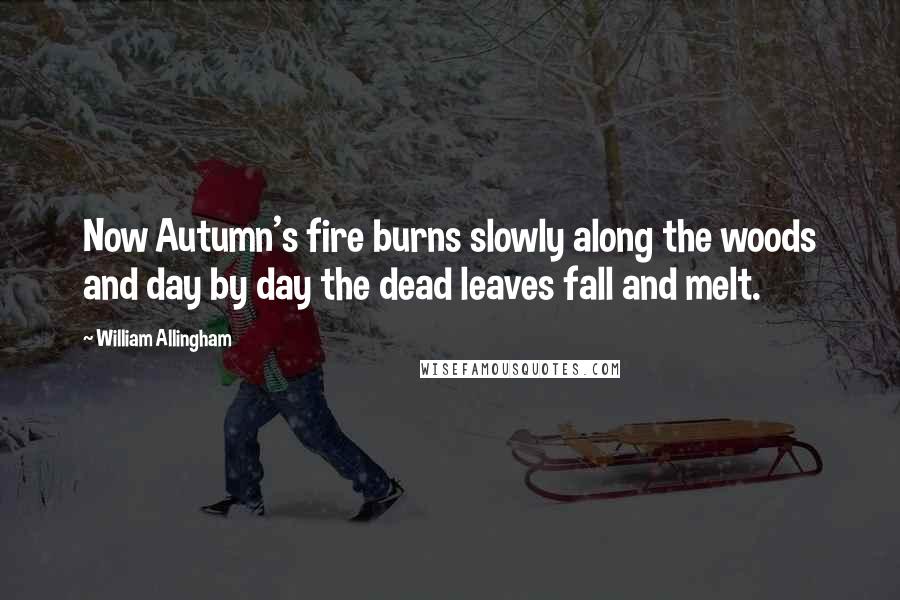 William Allingham Quotes: Now Autumn's fire burns slowly along the woods and day by day the dead leaves fall and melt.