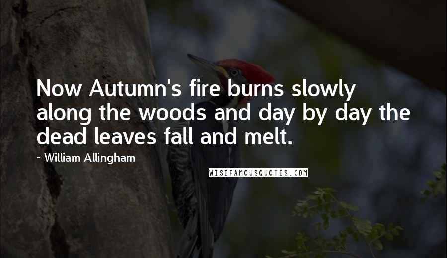 William Allingham Quotes: Now Autumn's fire burns slowly along the woods and day by day the dead leaves fall and melt.