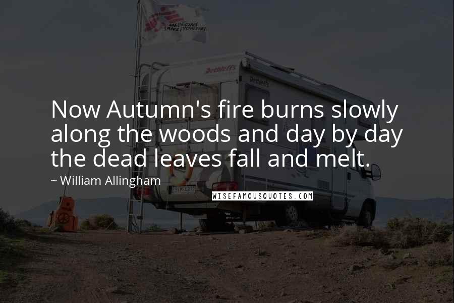 William Allingham Quotes: Now Autumn's fire burns slowly along the woods and day by day the dead leaves fall and melt.