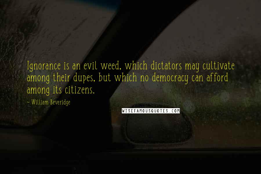 William Beveridge Quotes: Ignorance is an evil weed, which dictators may cultivate among their dupes, but which no democracy can afford among its citizens.