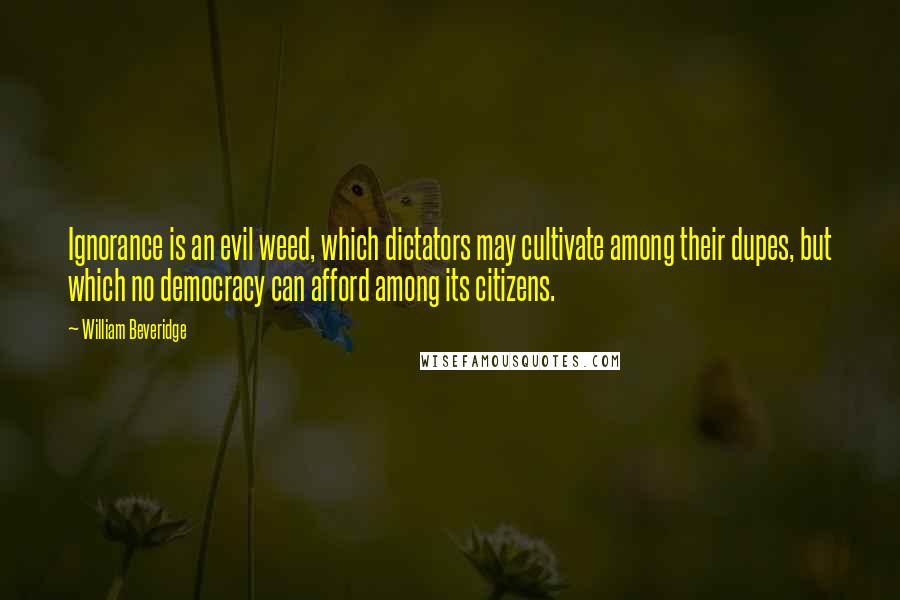 William Beveridge Quotes: Ignorance is an evil weed, which dictators may cultivate among their dupes, but which no democracy can afford among its citizens.