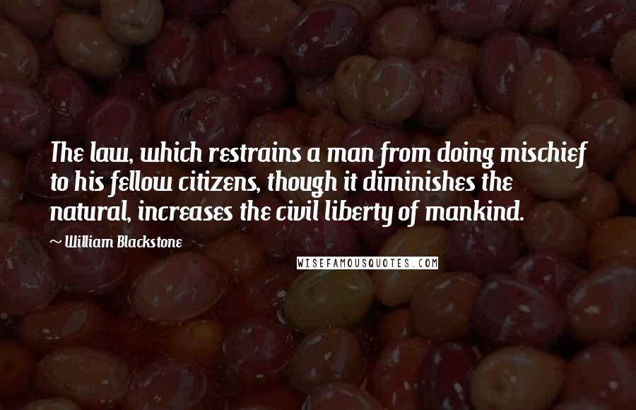 William Blackstone Quotes: The law, which restrains a man from doing mischief to his fellow citizens, though it diminishes the natural, increases the civil liberty of mankind.