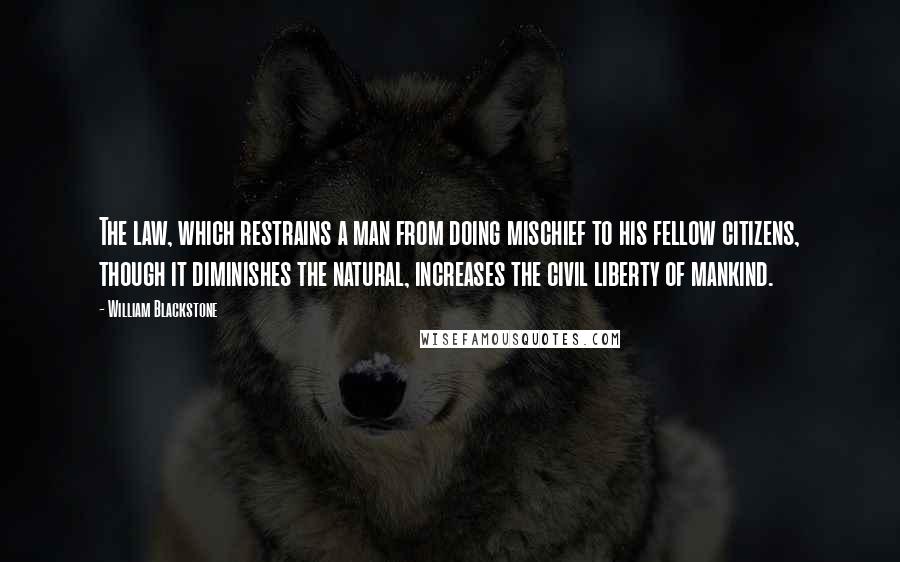 William Blackstone Quotes: The law, which restrains a man from doing mischief to his fellow citizens, though it diminishes the natural, increases the civil liberty of mankind.