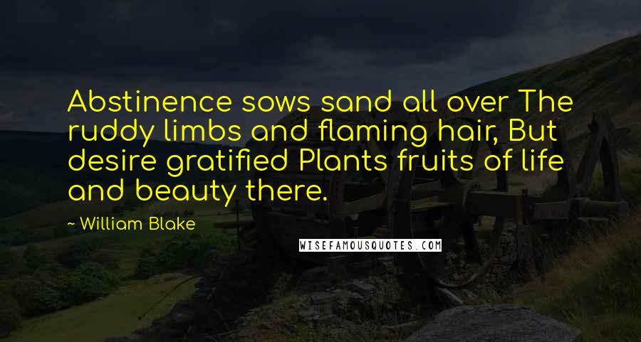 William Blake Quotes: Abstinence sows sand all over The ruddy limbs and flaming hair, But desire gratified Plants fruits of life and beauty there.