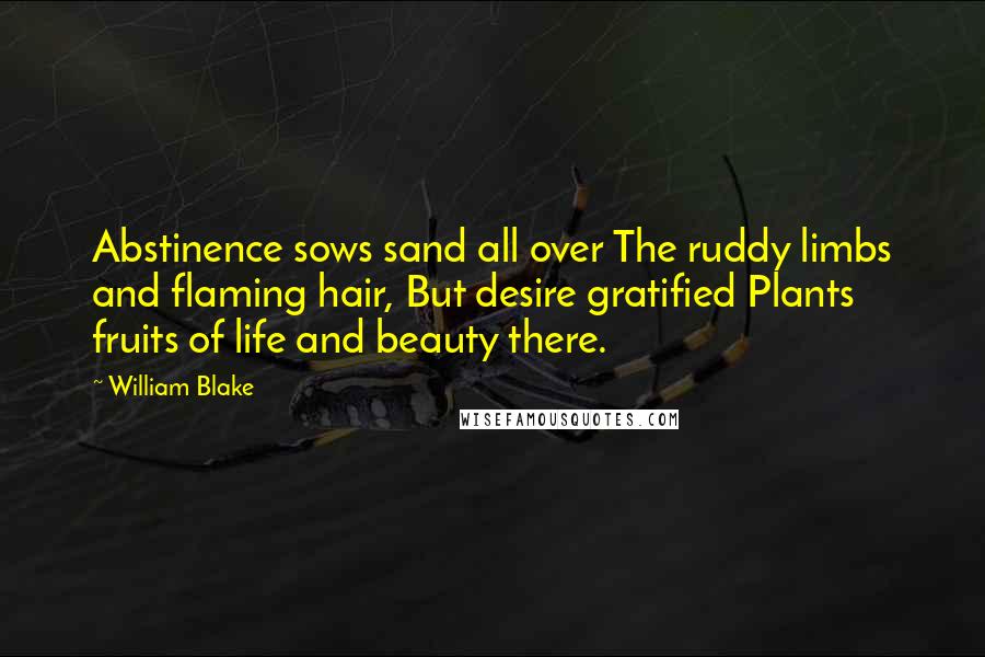 William Blake Quotes: Abstinence sows sand all over The ruddy limbs and flaming hair, But desire gratified Plants fruits of life and beauty there.