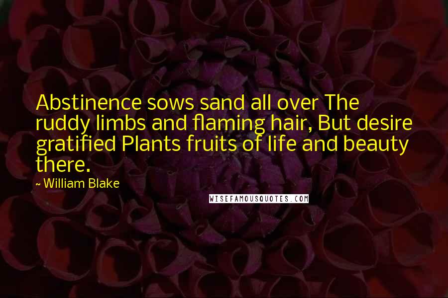 William Blake Quotes: Abstinence sows sand all over The ruddy limbs and flaming hair, But desire gratified Plants fruits of life and beauty there.