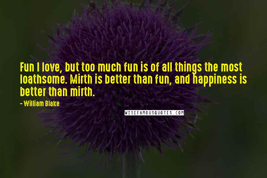 William Blake Quotes: Fun I love, but too much fun is of all things the most loathsome. Mirth is better than fun, and happiness is better than mirth.