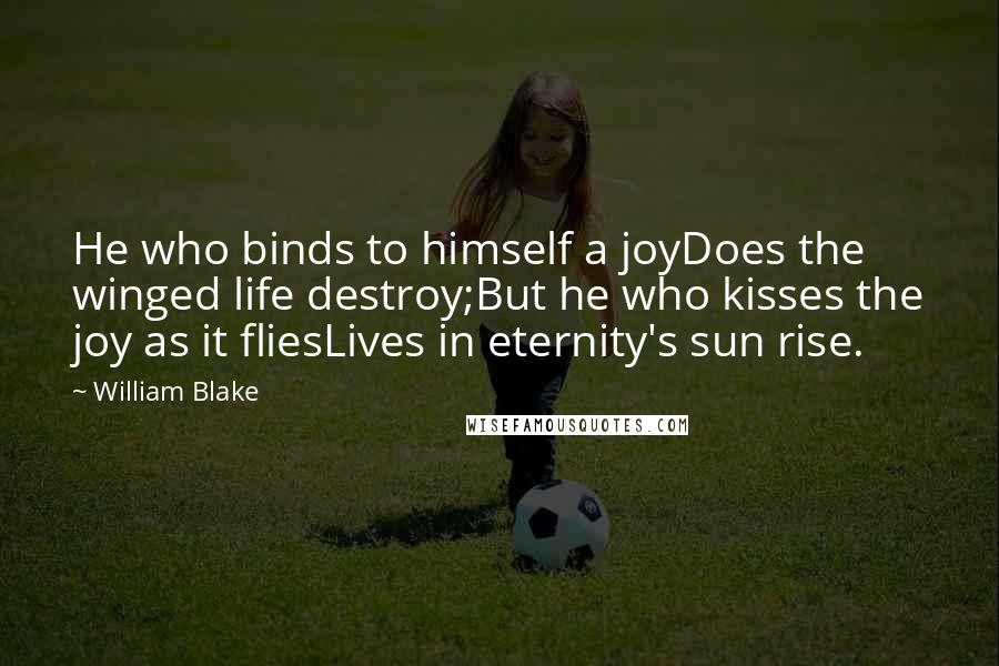 William Blake Quotes: He who binds to himself a joyDoes the winged life destroy;But he who kisses the joy as it fliesLives in eternity's sun rise.