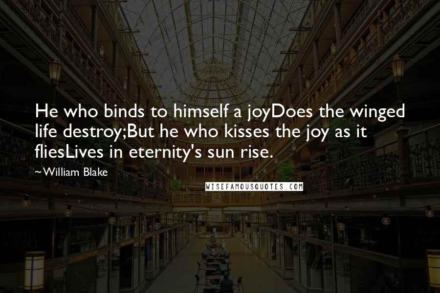 William Blake Quotes: He who binds to himself a joyDoes the winged life destroy;But he who kisses the joy as it fliesLives in eternity's sun rise.