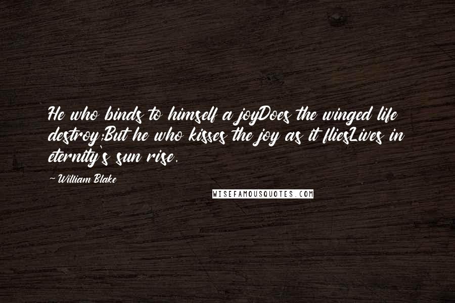 William Blake Quotes: He who binds to himself a joyDoes the winged life destroy;But he who kisses the joy as it fliesLives in eternity's sun rise.