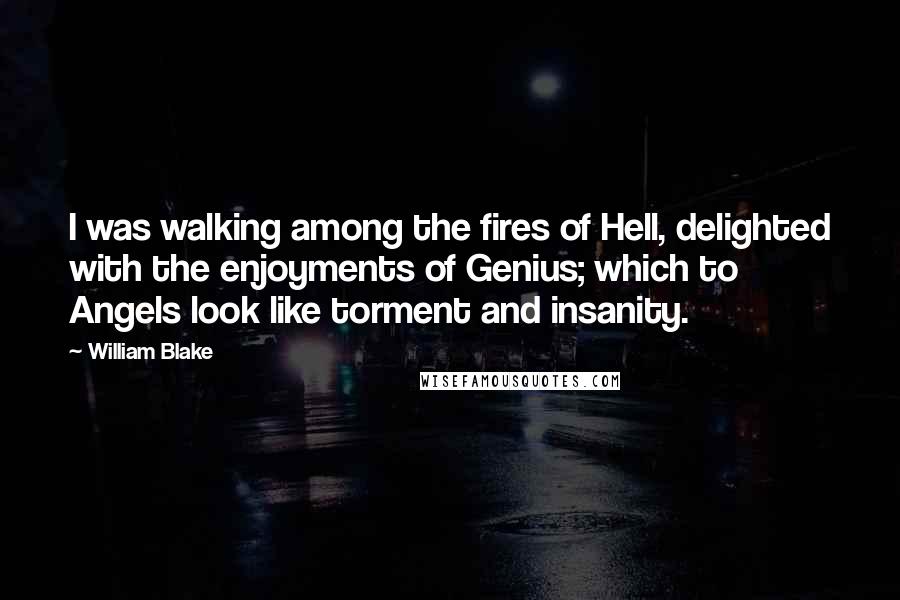 William Blake Quotes: I was walking among the fires of Hell, delighted with the enjoyments of Genius; which to Angels look like torment and insanity.
