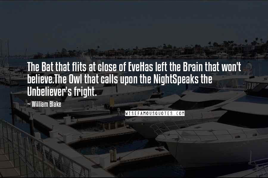 William Blake Quotes: The Bat that flits at close of EveHas left the Brain that won't believe.The Owl that calls upon the NightSpeaks the Unbeliever's fright.