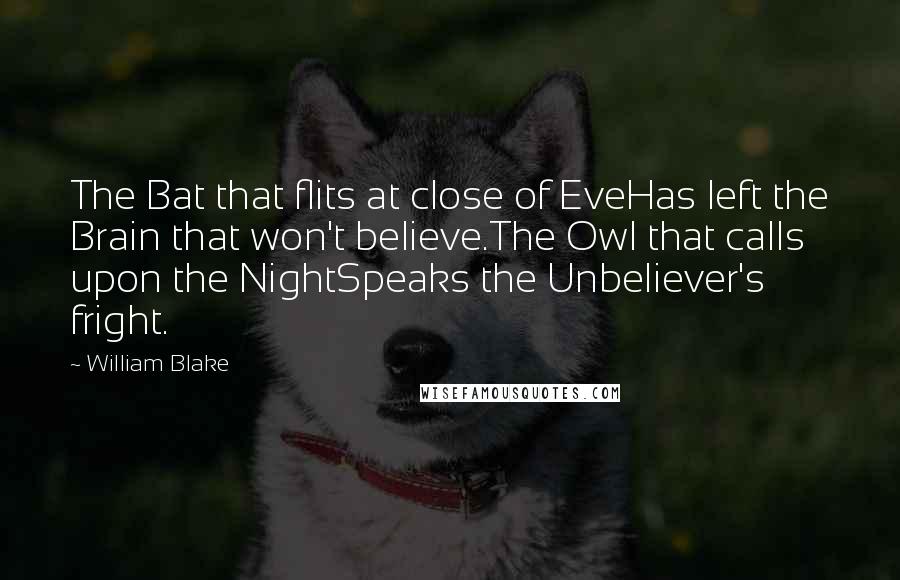 William Blake Quotes: The Bat that flits at close of EveHas left the Brain that won't believe.The Owl that calls upon the NightSpeaks the Unbeliever's fright.