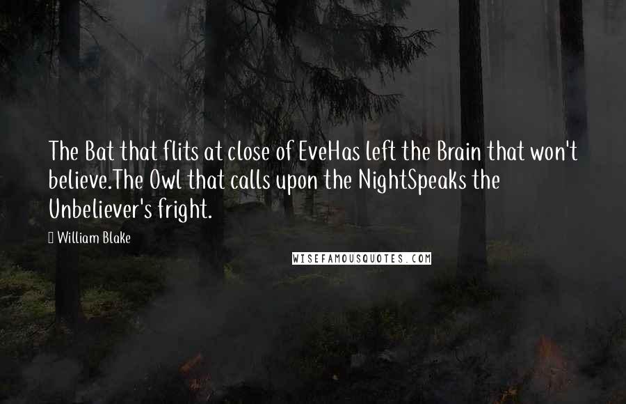 William Blake Quotes: The Bat that flits at close of EveHas left the Brain that won't believe.The Owl that calls upon the NightSpeaks the Unbeliever's fright.