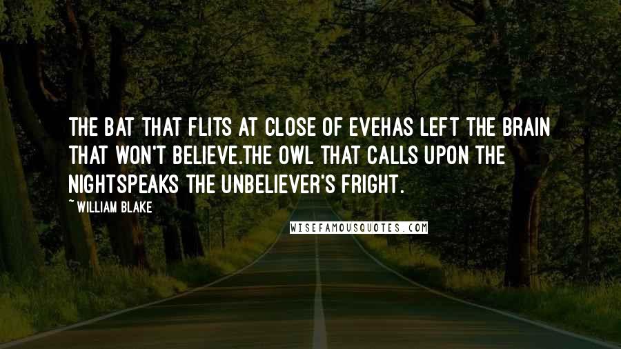 William Blake Quotes: The Bat that flits at close of EveHas left the Brain that won't believe.The Owl that calls upon the NightSpeaks the Unbeliever's fright.