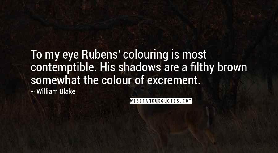William Blake Quotes: To my eye Rubens' colouring is most contemptible. His shadows are a filthy brown somewhat the colour of excrement.