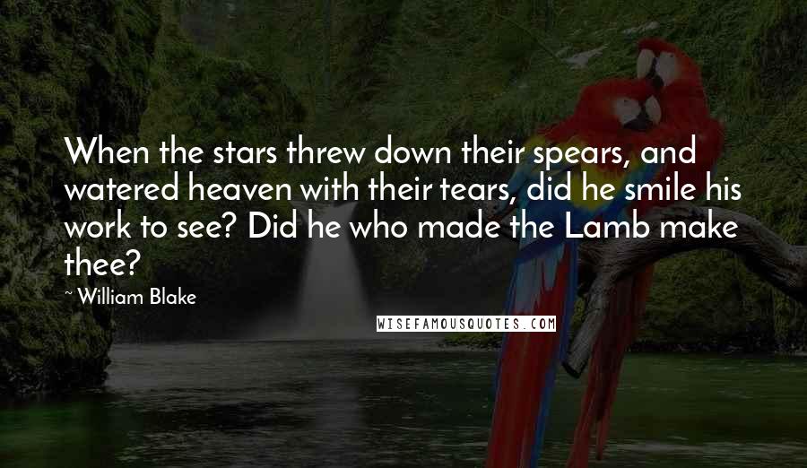 William Blake Quotes: When the stars threw down their spears, and watered heaven with their tears, did he smile his work to see? Did he who made the Lamb make thee?