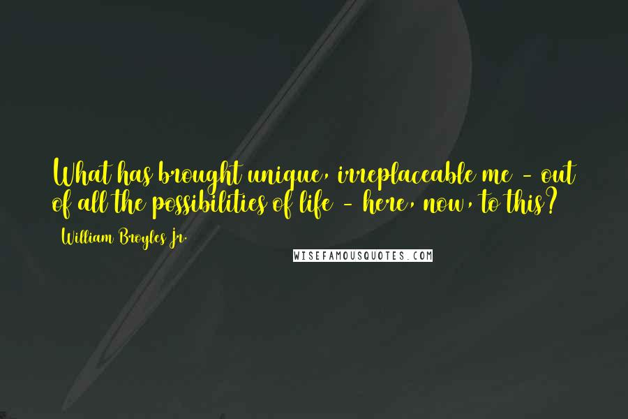 William Broyles Jr. Quotes: What has brought unique, irreplaceable me - out of all the possibilities of life - here, now, to this?