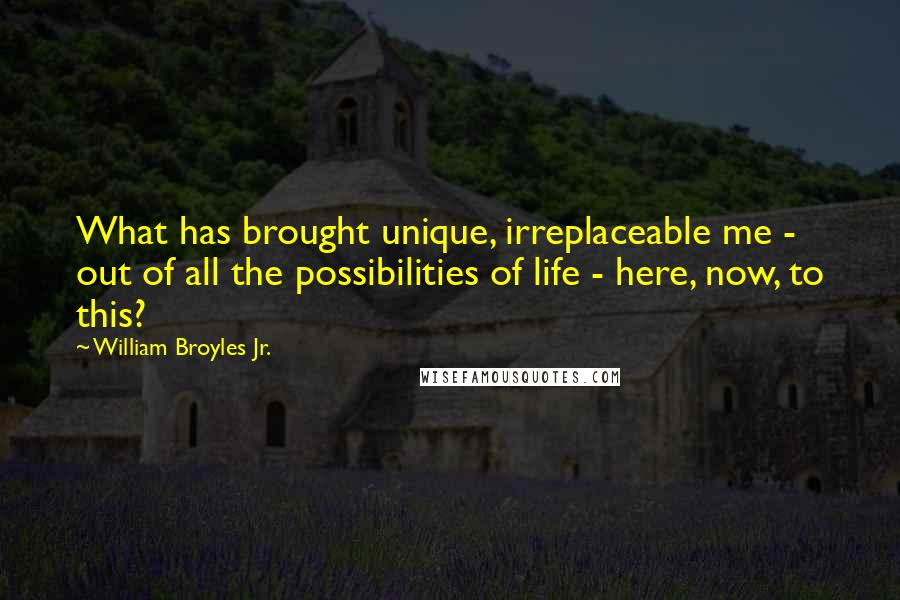 William Broyles Jr. Quotes: What has brought unique, irreplaceable me - out of all the possibilities of life - here, now, to this?