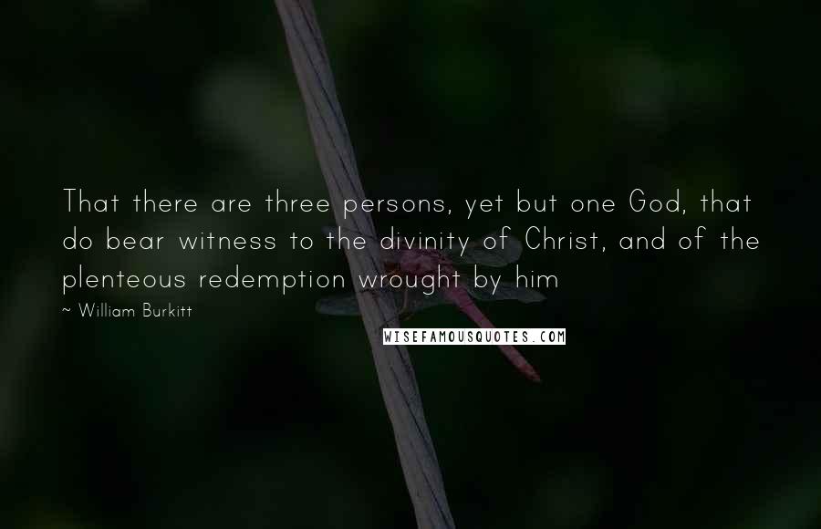 William Burkitt Quotes: That there are three persons, yet but one God, that do bear witness to the divinity of Christ, and of the plenteous redemption wrought by him