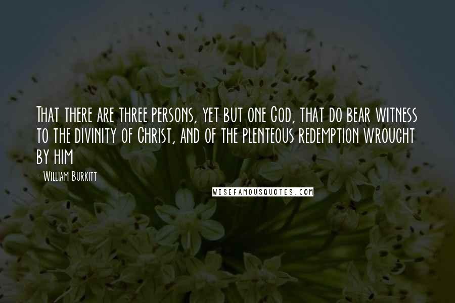 William Burkitt Quotes: That there are three persons, yet but one God, that do bear witness to the divinity of Christ, and of the plenteous redemption wrought by him