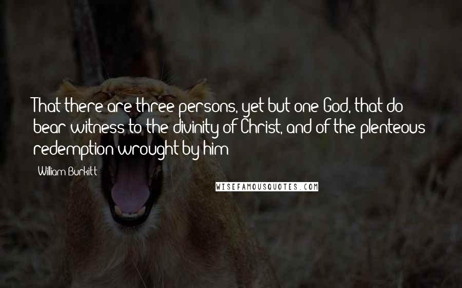 William Burkitt Quotes: That there are three persons, yet but one God, that do bear witness to the divinity of Christ, and of the plenteous redemption wrought by him