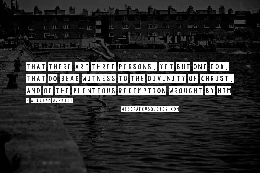 William Burkitt Quotes: That there are three persons, yet but one God, that do bear witness to the divinity of Christ, and of the plenteous redemption wrought by him