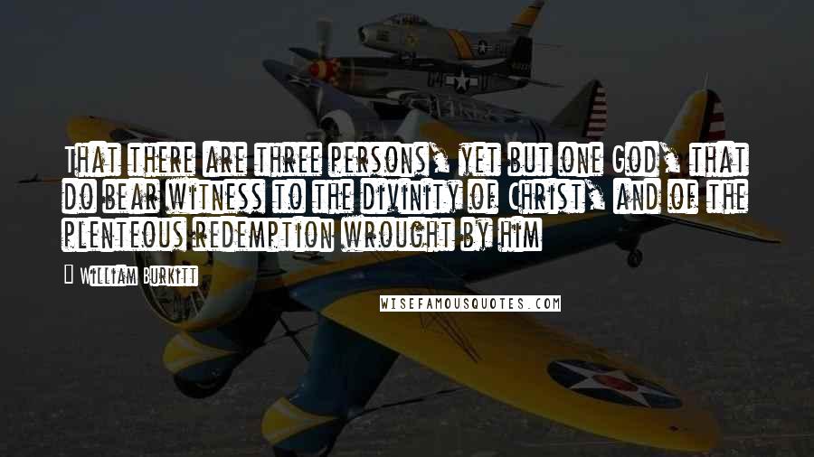 William Burkitt Quotes: That there are three persons, yet but one God, that do bear witness to the divinity of Christ, and of the plenteous redemption wrought by him